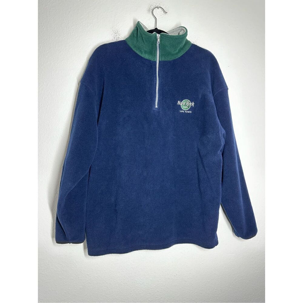 Hard Rock Cafe Cape Town Fleece Embroidered Pullover Size S 1/3 Zip Blue Green